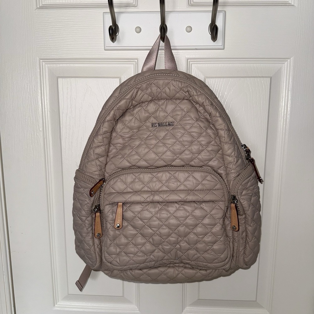 MZ Wallace Pocket Metro Quilted Nylon Backpack Diaper Laptop Work Bag Beige Tan - Picture 14 of 16
